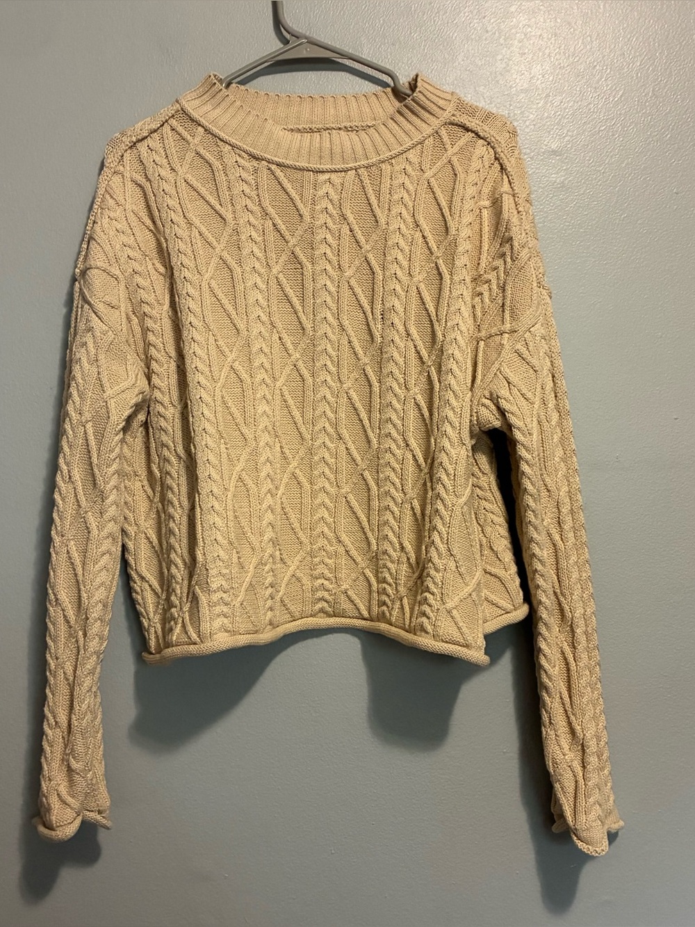 ENTRO Women’s M 100% Cotton Cable Knit Sweater Cream Beige Oversized Preppy
